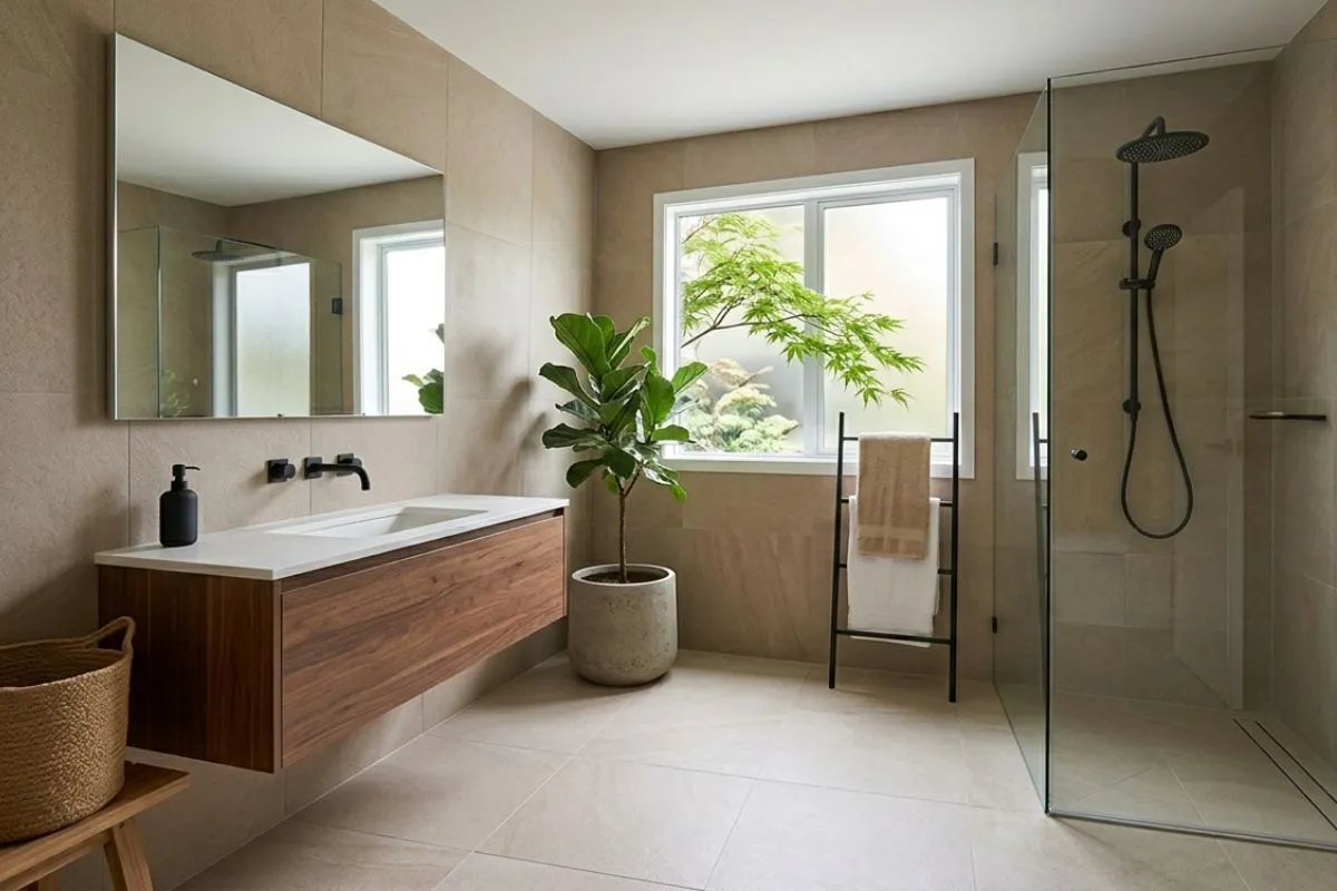 bathroom interior with soft grey tiles, a light wood cabinet, and black fixtures.
