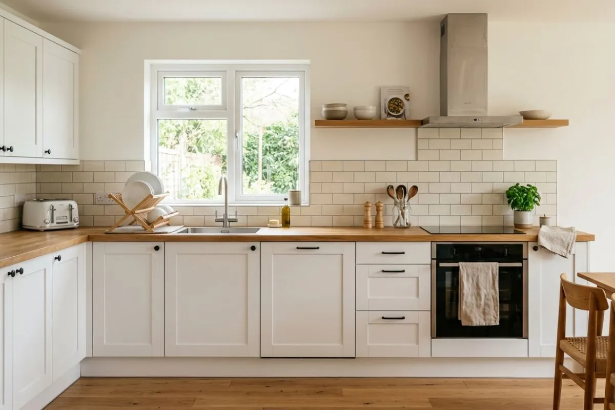 White cabinets and bright window in a modern kitchen interior with wooden counters.