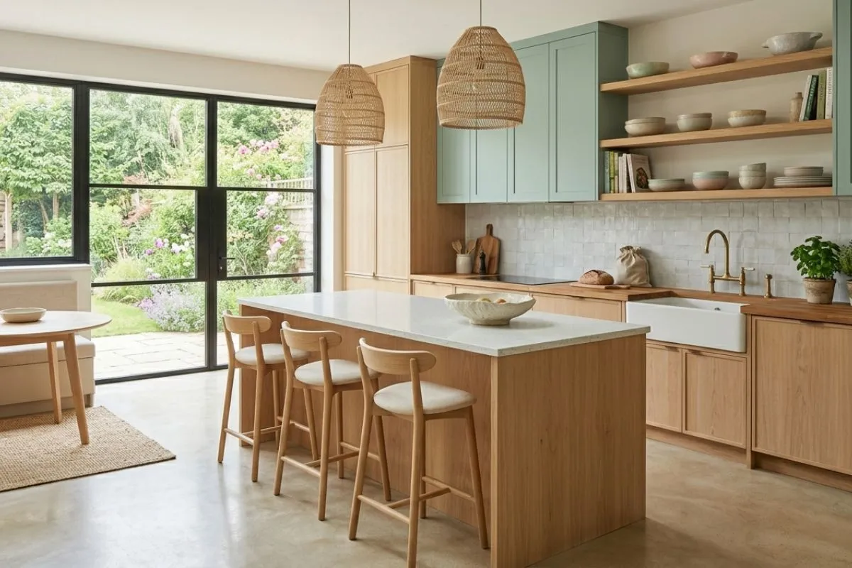 Cozy kitchen interior showing a wooden island with high stools and green cupboards.