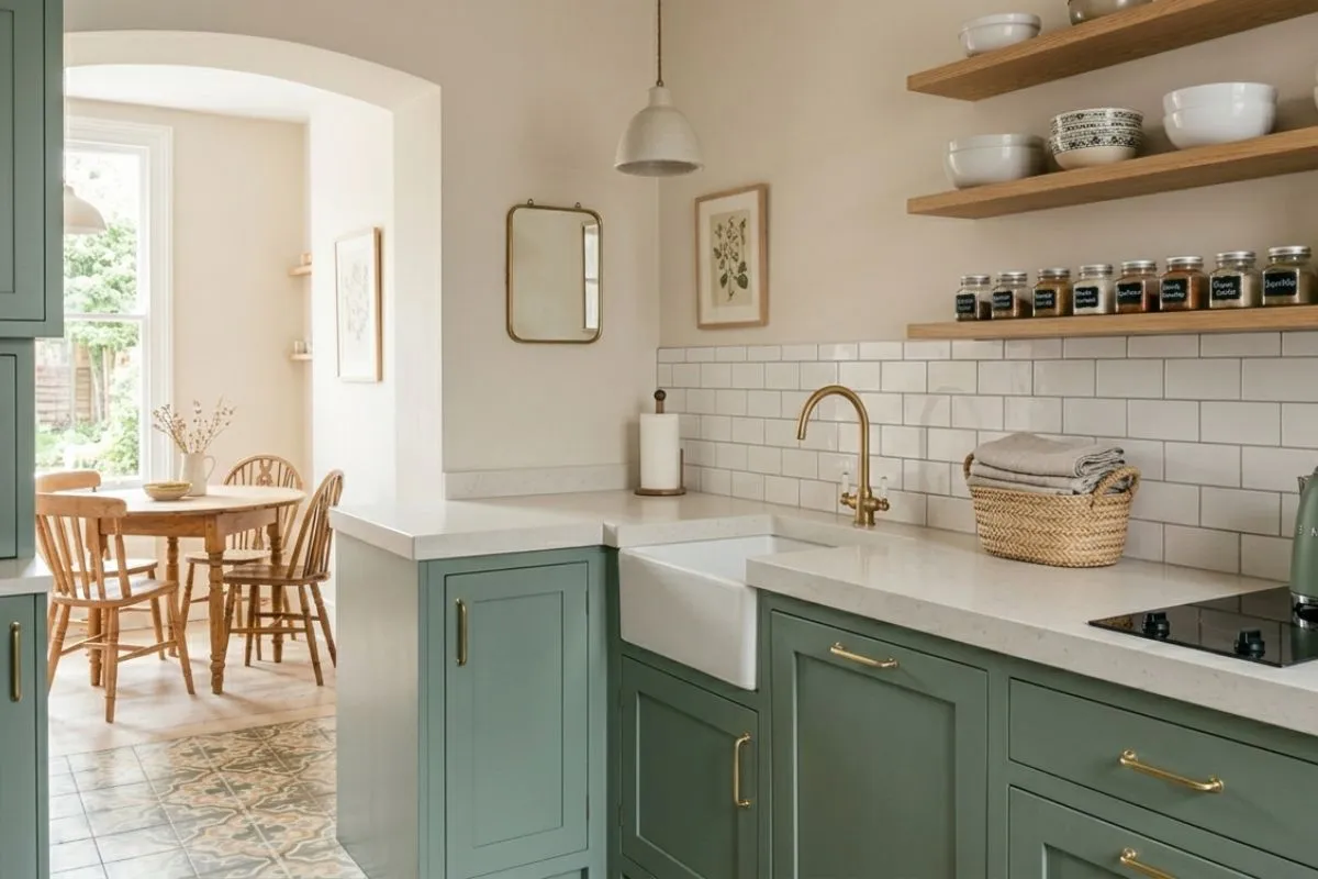 Green cabinets and nice gold faucet in a beautiful kitchen interior with tile walls.