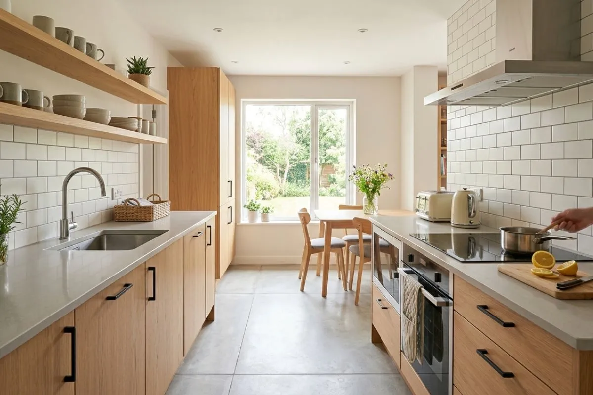 Bright kitchen interior with light wood cabinets and a view of the green garden.