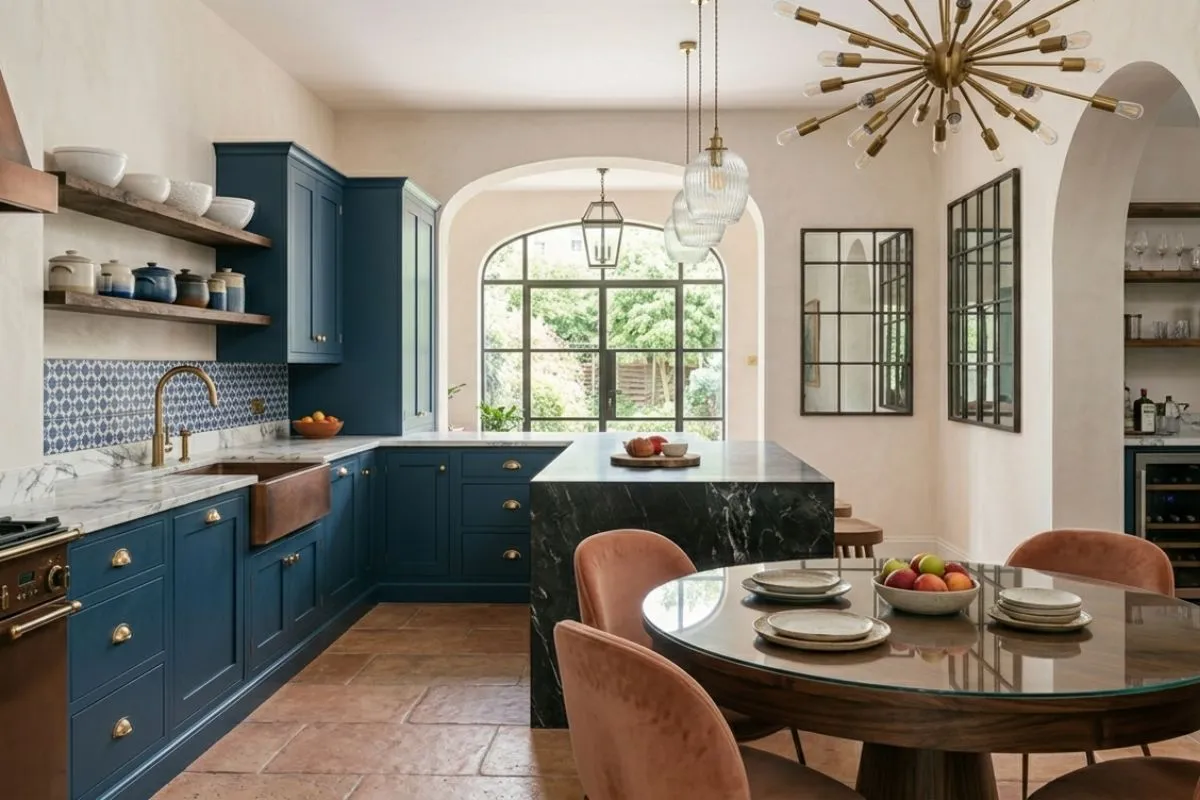 Dark blue cabinets and a round dining table in a luxury kitchen interior space.