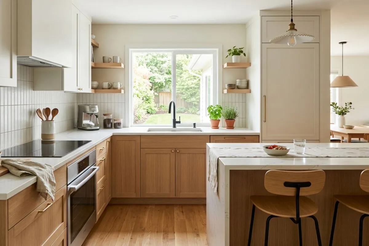 Clean kitchen interior featuring a central island, wooden cabinets, and plants.