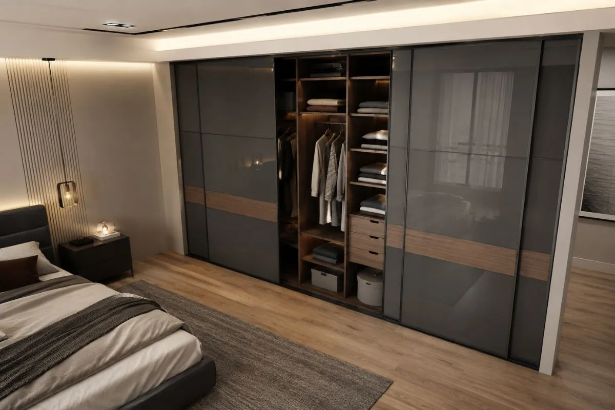 Stylish dark grey sliding wardrobe with built-in lights showing neatly organized clothes.