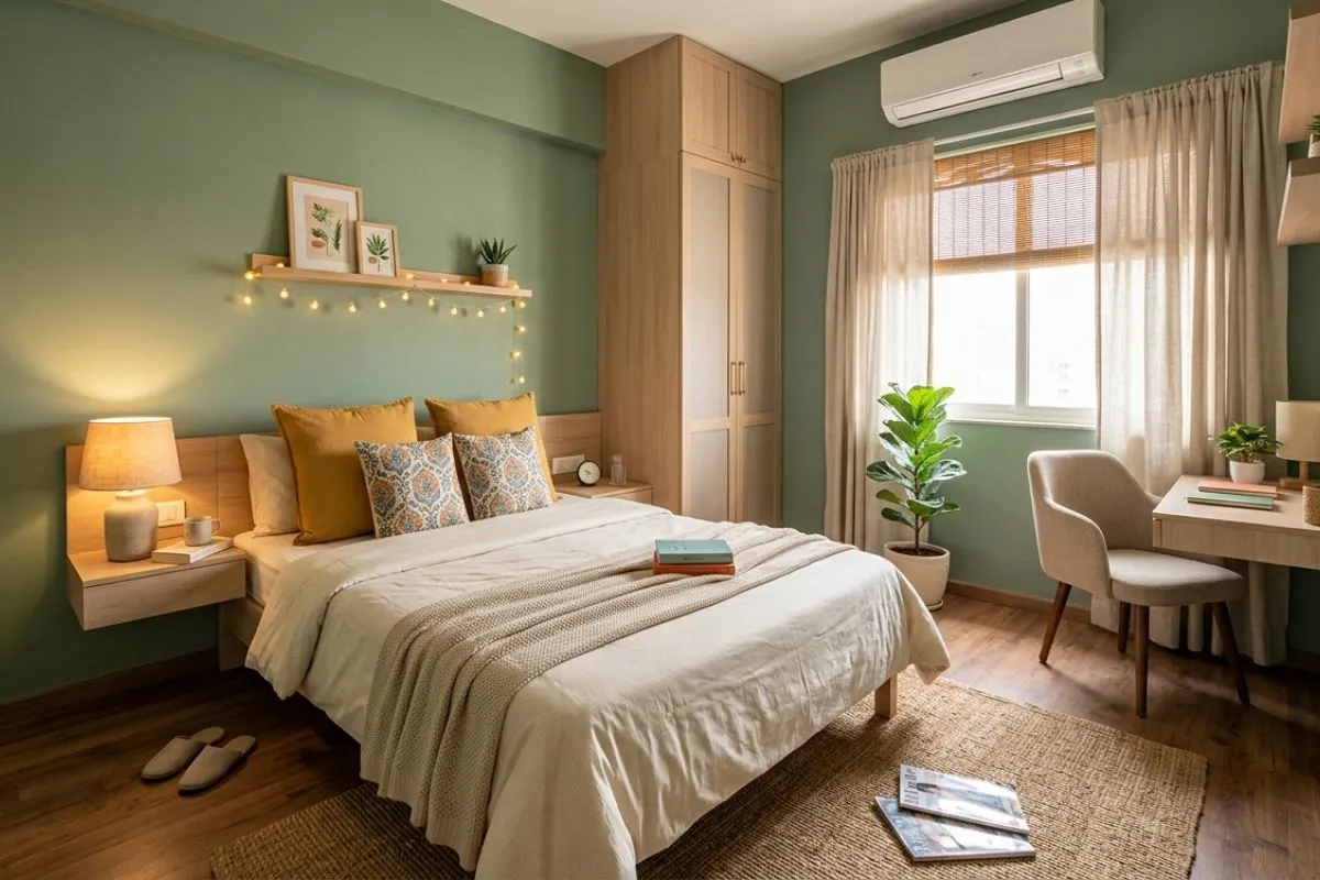 Small Bedroom Interior Design with mint green wall colour.