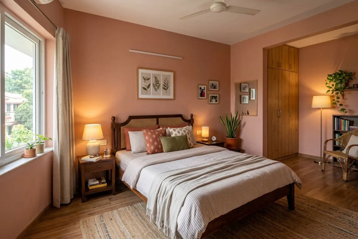 Compact small bedroom interior design with a single bed by the window, a built-in desk, and light pink wall paint