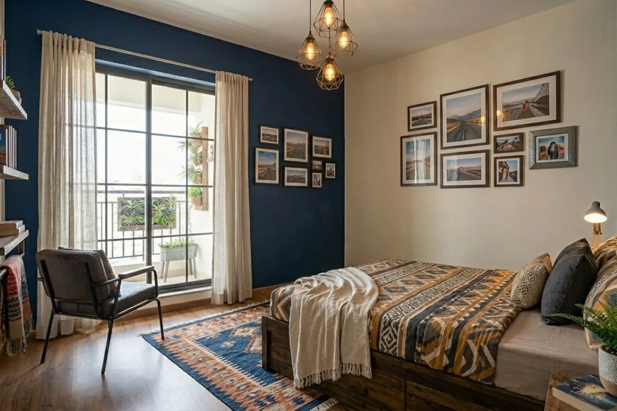Neat small bedroom interior with a white bed, space-saving wall cabinets, a small mirror, and warm bedside lamps.