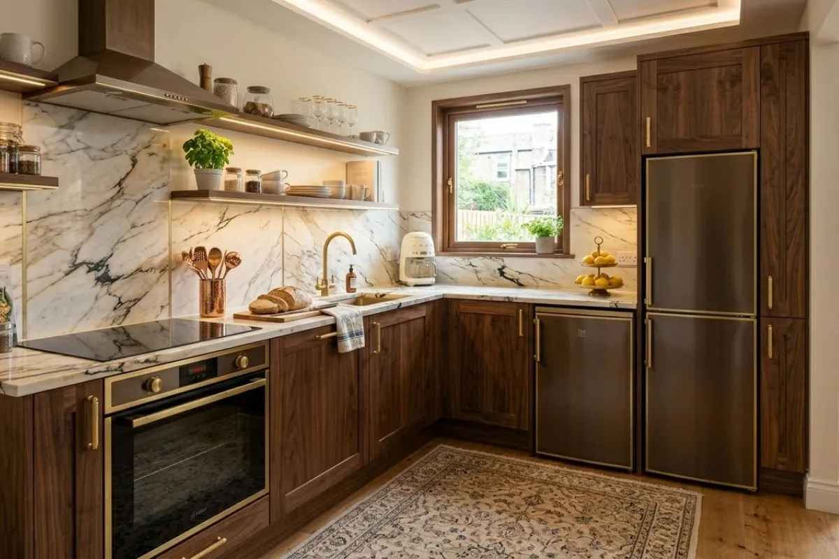 Warm wood cabinets and a marble wall look beautiful in this small kitchen interior.