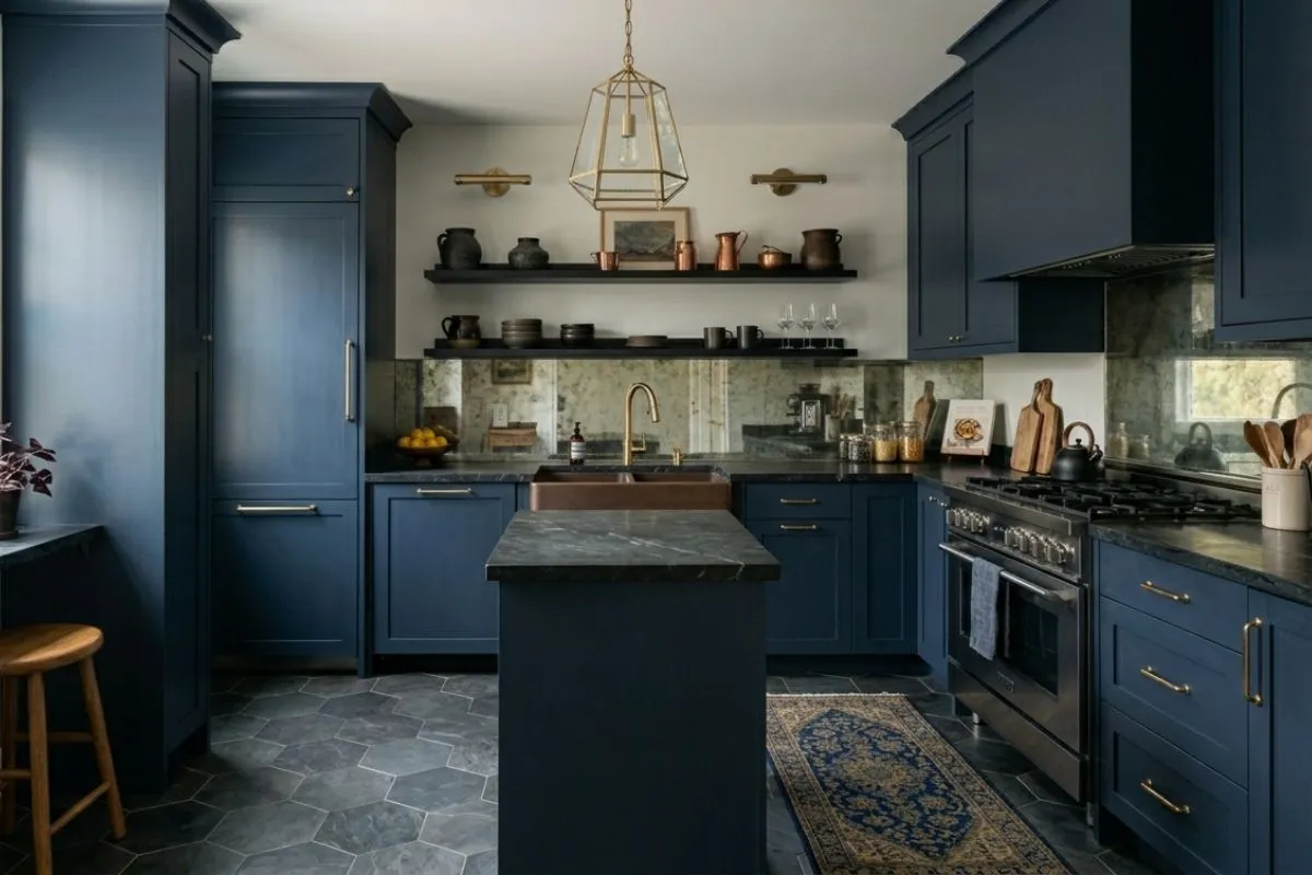 Dark blue cabinets and a small island make a stylish small kitchen interior space.