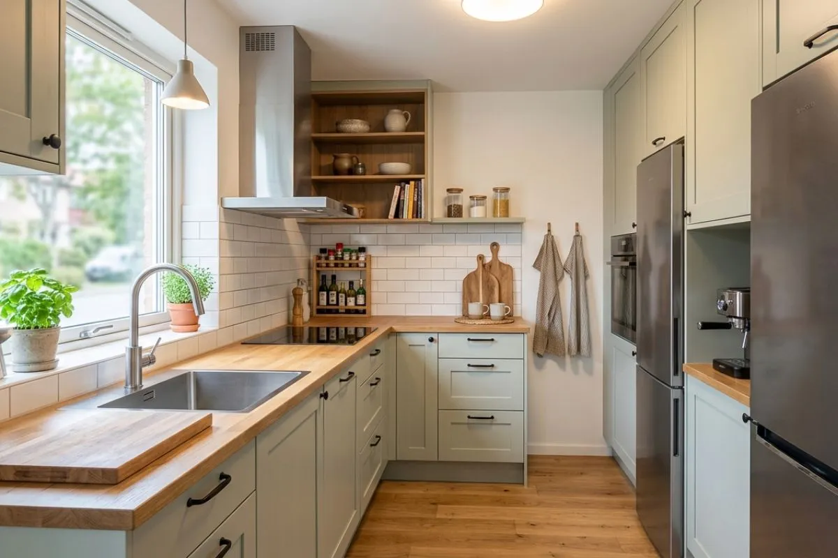 Bright small kitchen interior showing light green cabinets, wood counters, and a window.