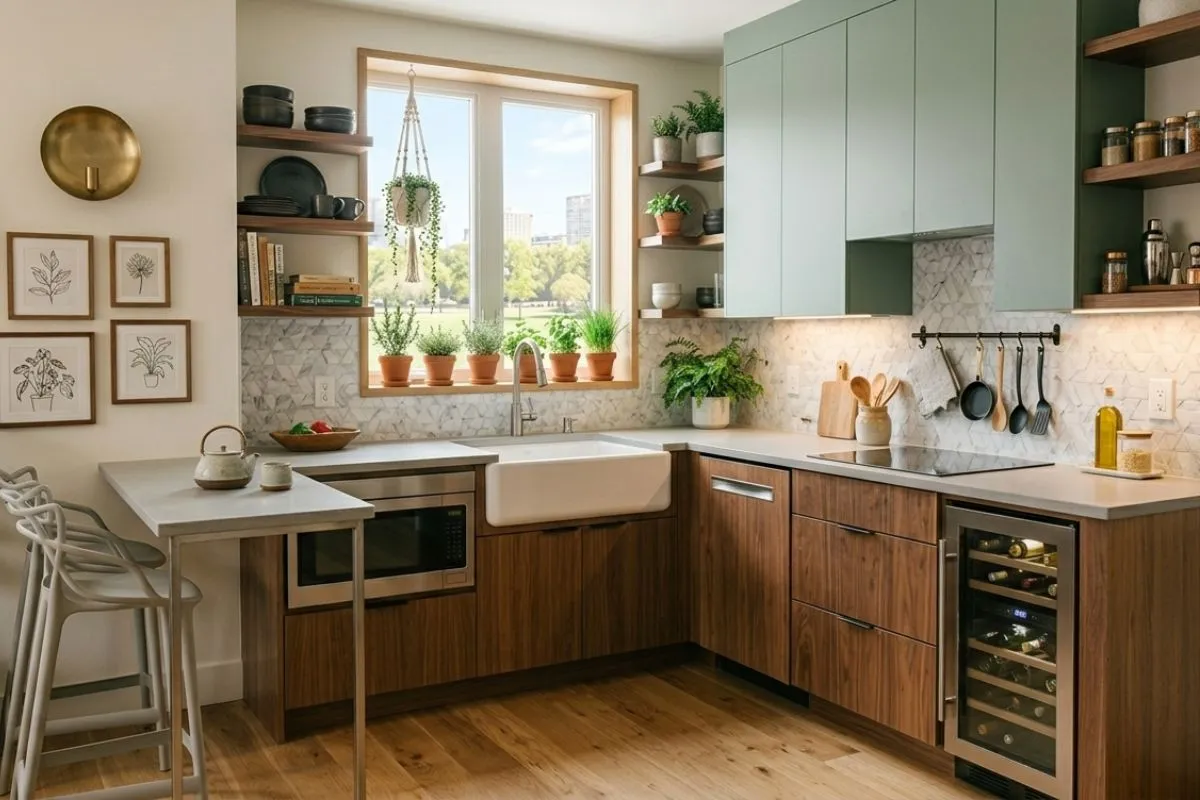 A cozy small kitchen interior with green upper cabinets, wooden drawers, and plants.