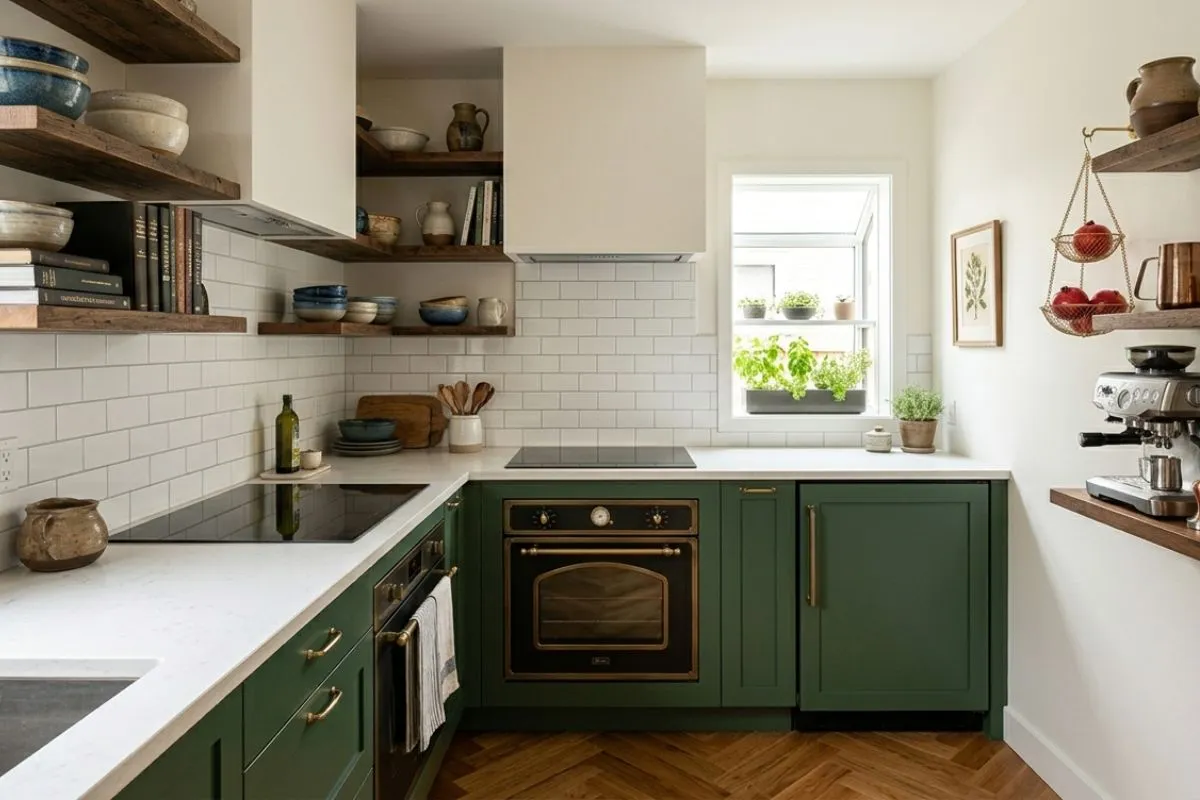 White brick tile walls and green lower cabinets create a neat small kitchen interior.