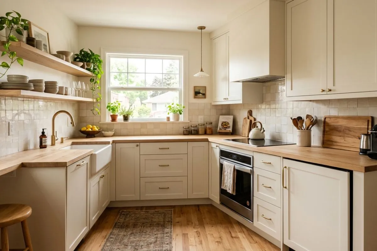Lovely small kitchen interior featuring white cabinets, wood countertops, and a rug.