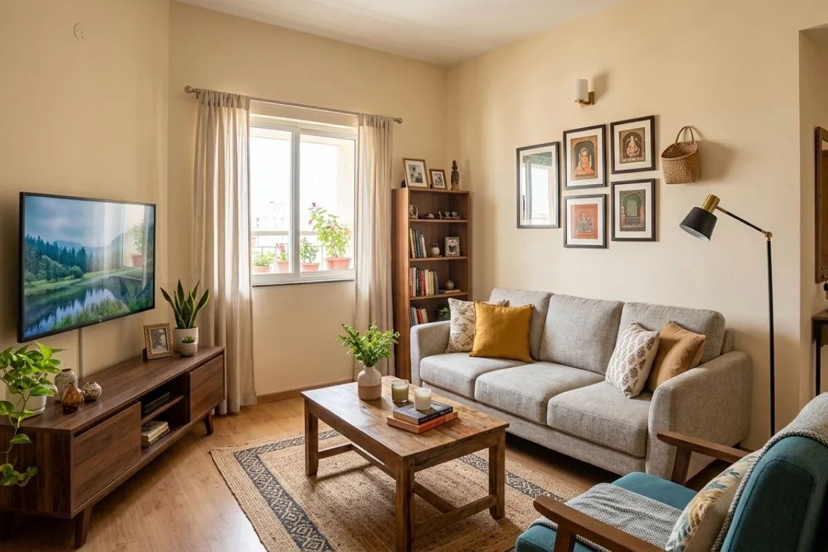Grey couch and wooden TV stand in a warm, cozy small living room interior.
