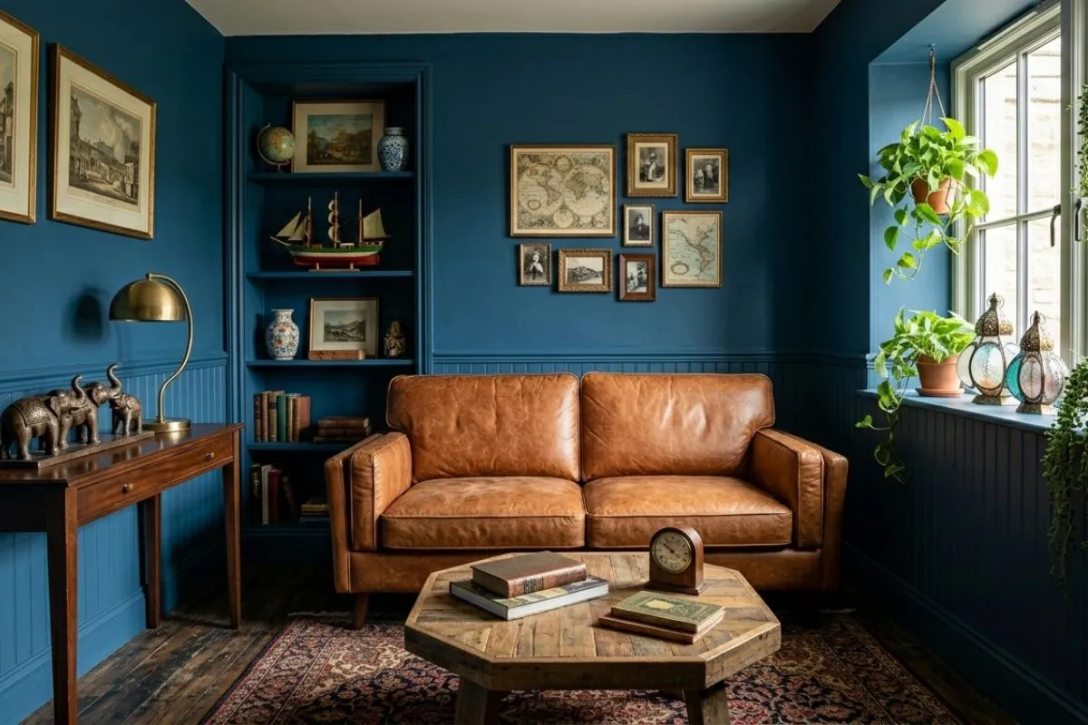 Tan leather sofa against dark blue walls in a moody, small living room interior.
