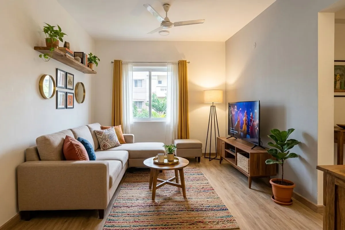 Beige sectional sofa and colorful rug in a well-lit, small living room interior.