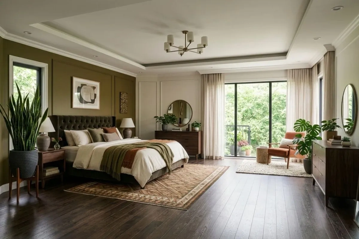 A large snake plant in a grey pot is one of the low maintenance indoor plants in this bedroom.
