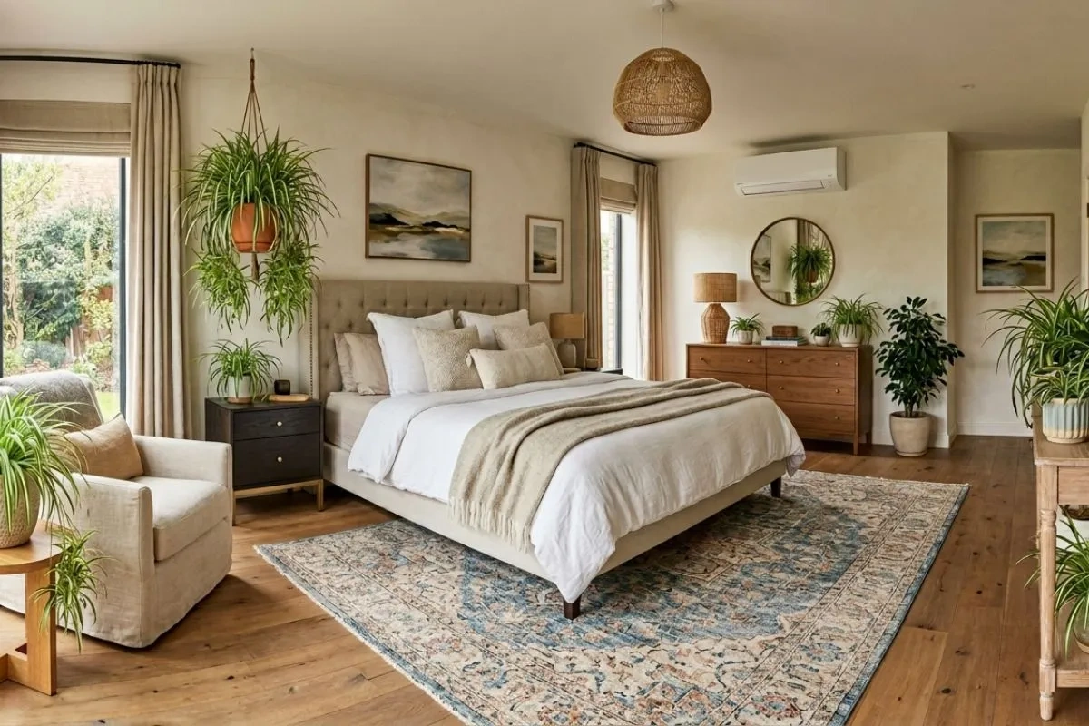 Several spider plants used as low maintenance indoor plants to decorate a bright bedroom.