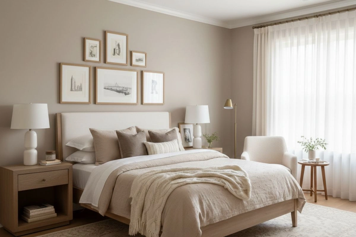 A peaceful guest room colour combination using cream and tan shades for a relaxing, universal look.