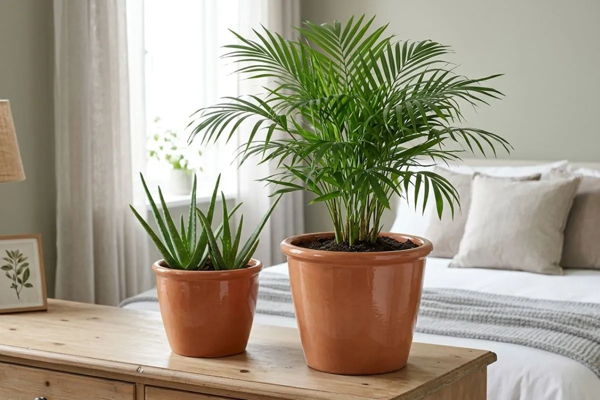 Two terracotta pots holding low maintenance indoor plants on a wooden bedroom dresser.