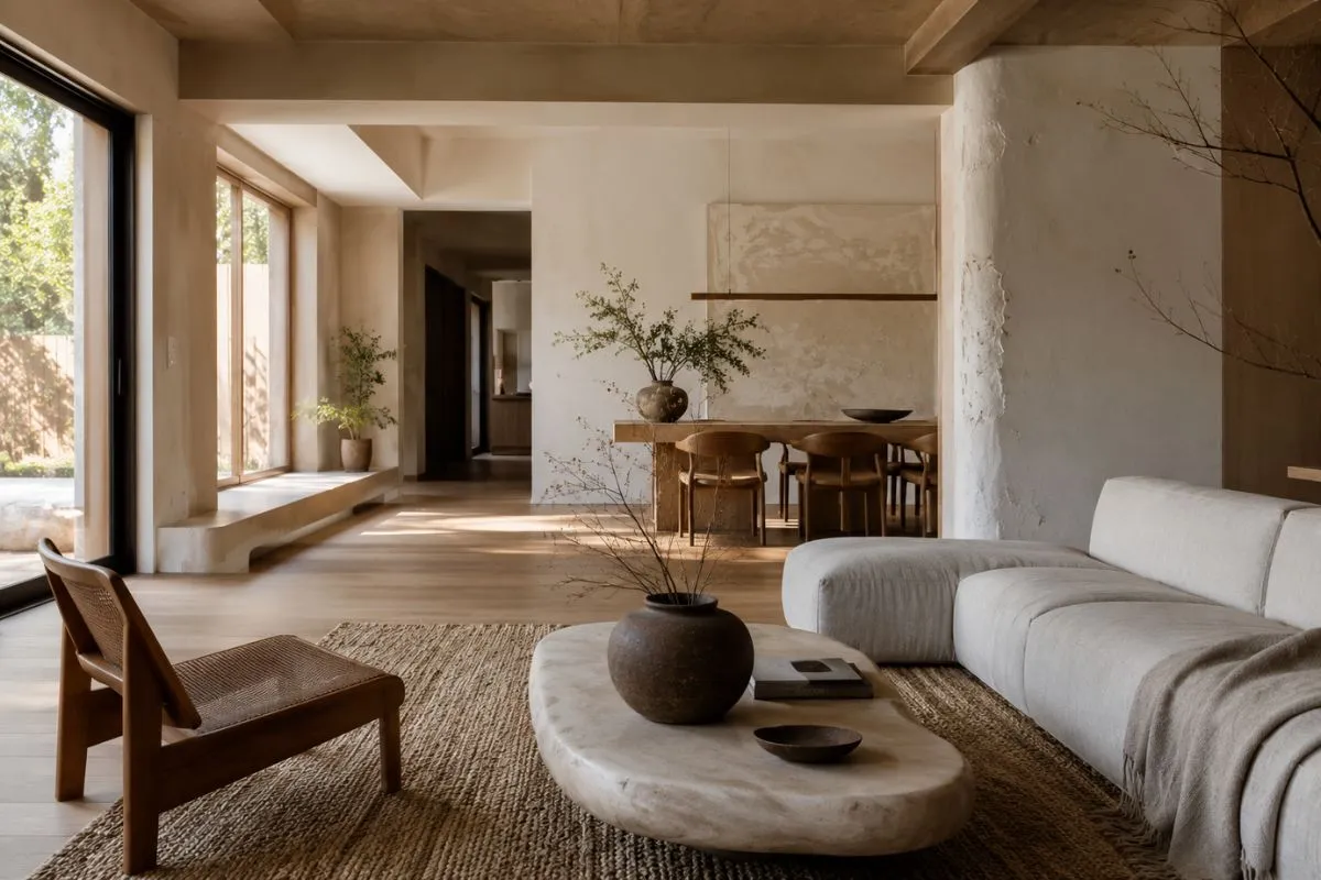 Open Wabi-Sabi living area with cream modular sofa, stone coffee table, and a jute rug