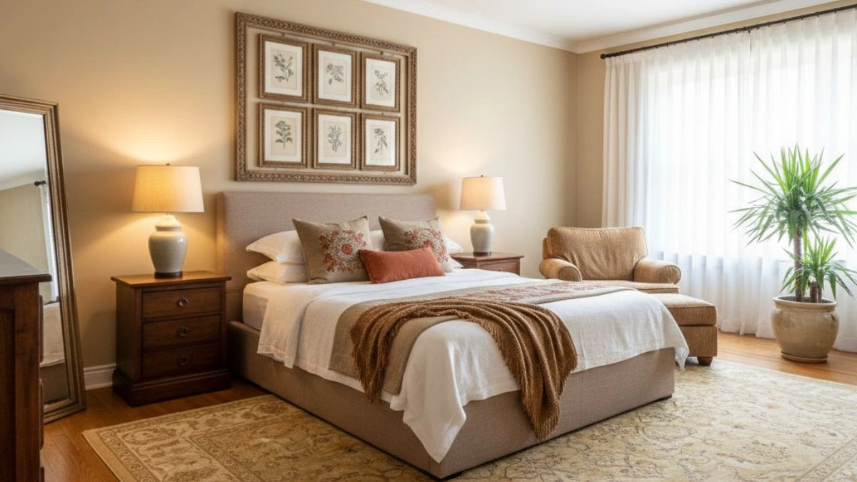 Classic guest room colour combination with soft tan walls and elegant wooden side tables for guests.
