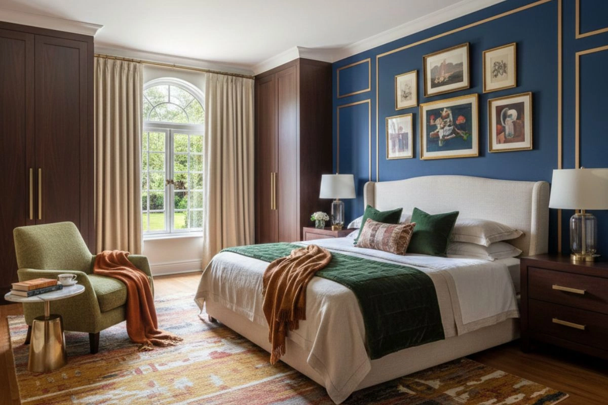 Bold guest room colour combination using a dark blue accent wall with gold trim and luxury furniture.