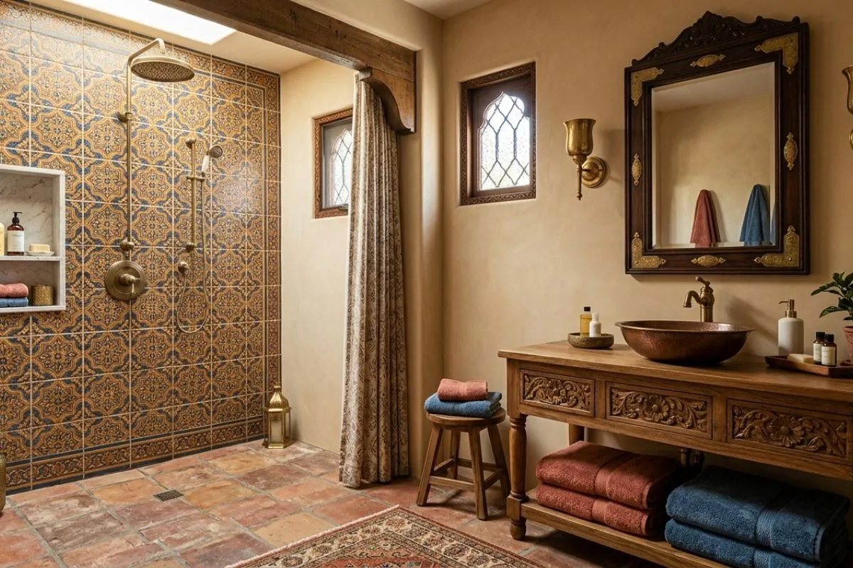 Warm beige tones fill this Indian style interior bathroom interior with a floating wood vanity.