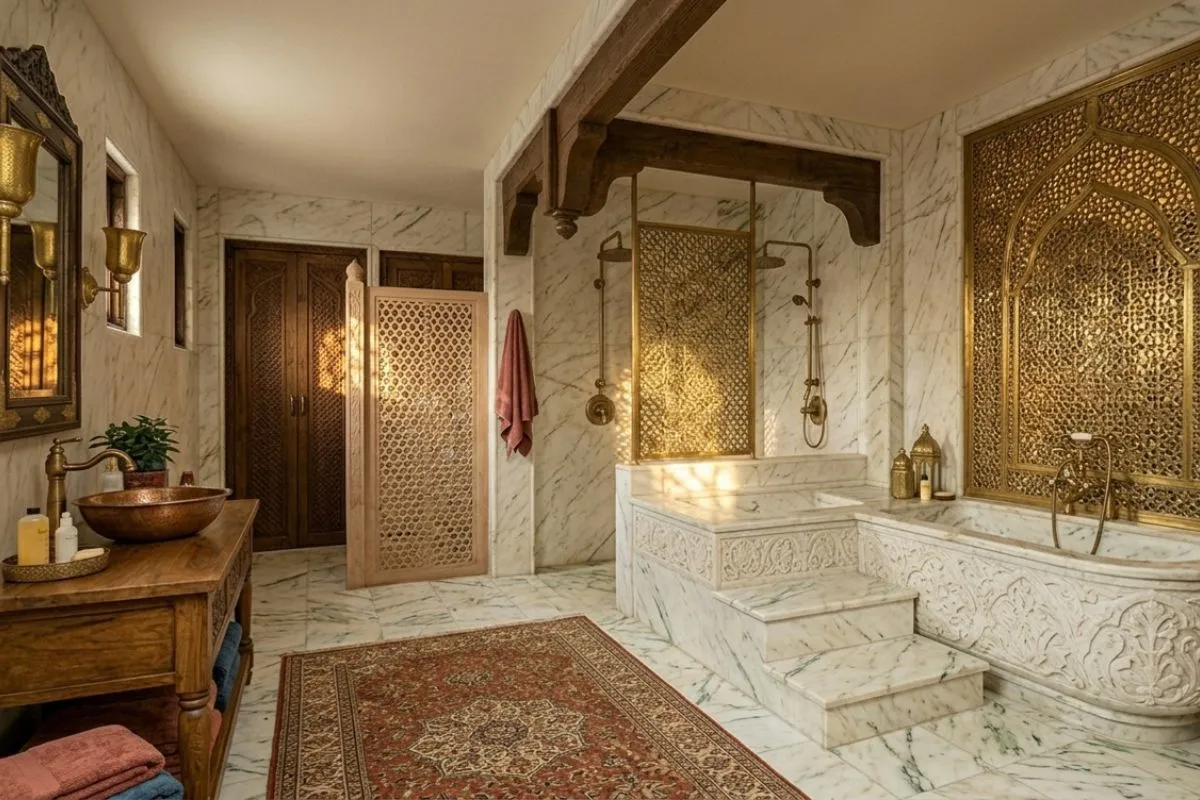 A luxury indian traditional bathroom interior with marble tubs, rich gold screens, a wood vanity, and a large red rug.