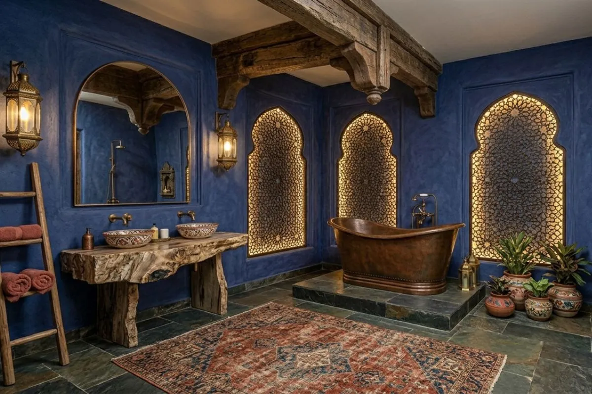 Bright blue painted wall showcases an Indian style interior bathroom interior
