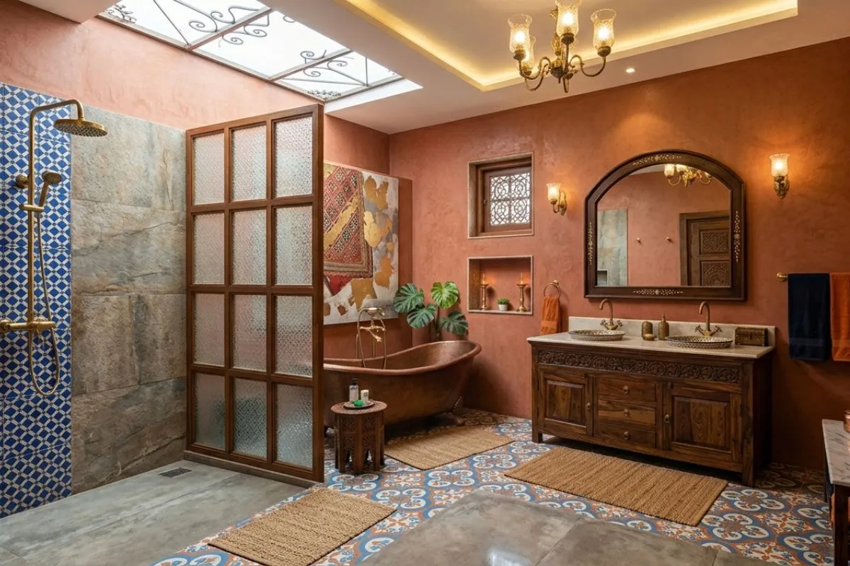 Beautiful dark stone frames an Indian style interior bathroom interior with warm glowing lights.