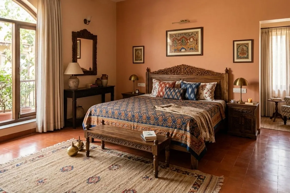 Indian bedroom with warm orange walls, a carved wooden bed, and patterned sheets.