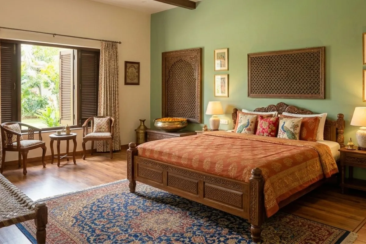Indian bedroom with a green wall, wooden bed, orange bedding, and a blue rug.