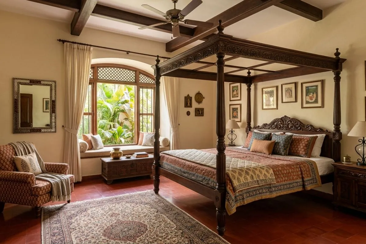 Traditional bedroom with a four-poster wooden bed, tiled floor, and a big rug.