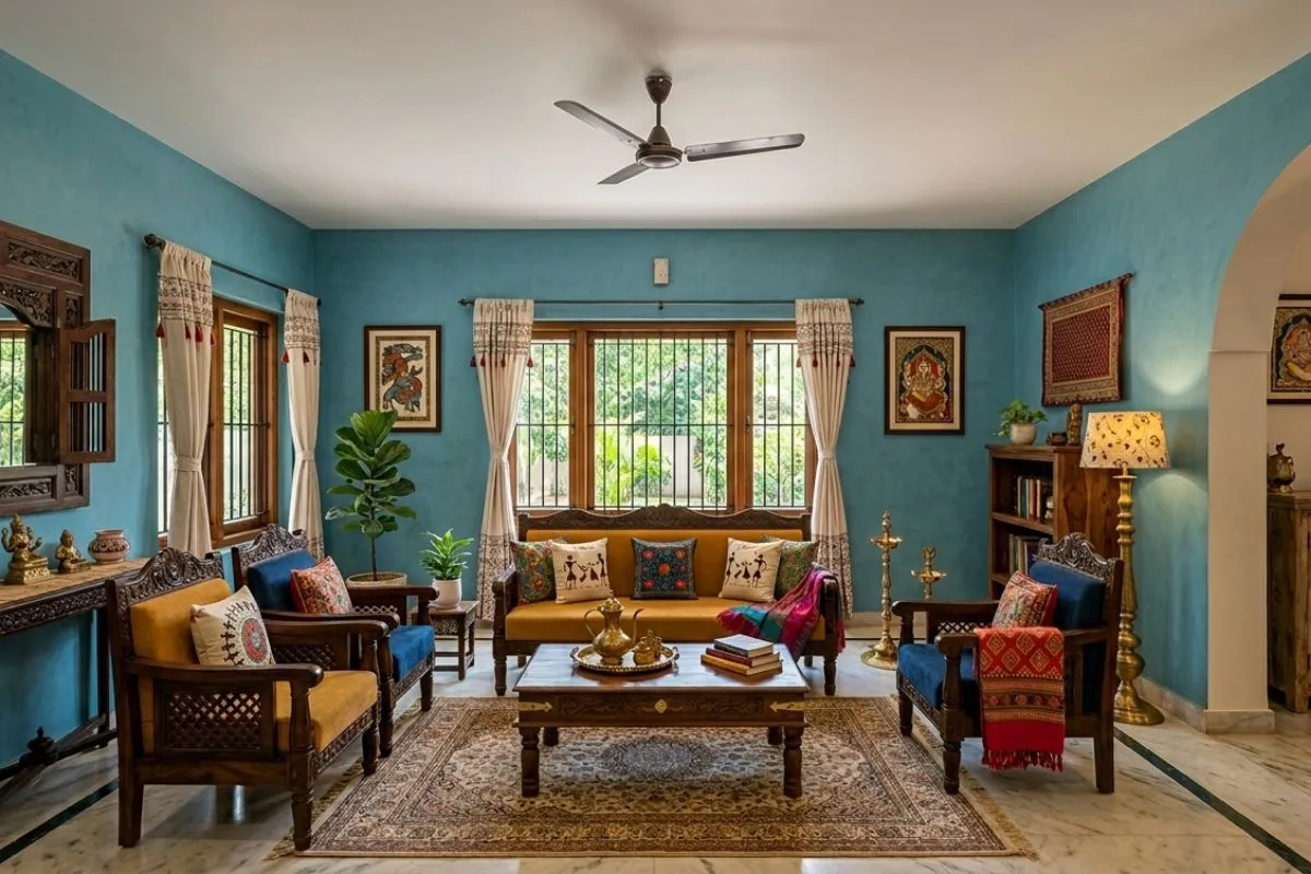 Wooden swings and red couches create a cozy, traditional Indian style living room design.