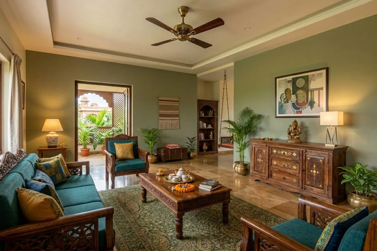 Bright pink cushions on a wooden sofa setup inside an elegant Indian style living room design.