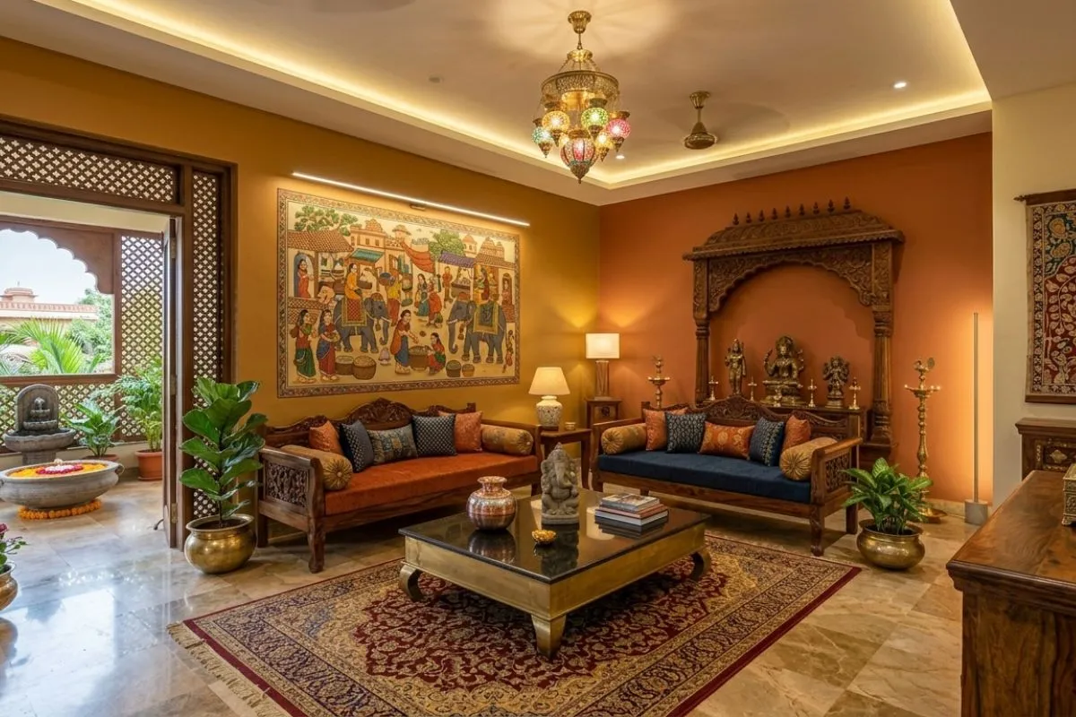 Colorful pillows, art pieces, and a wooden table highlight this Indian style living room design.
