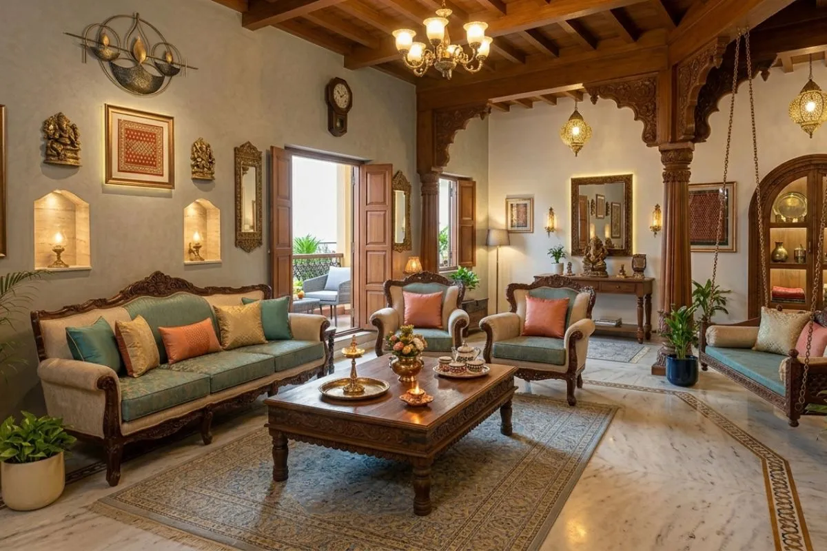 A large wooden swing and traditional wall art showcase a beautiful Indian style living room design.