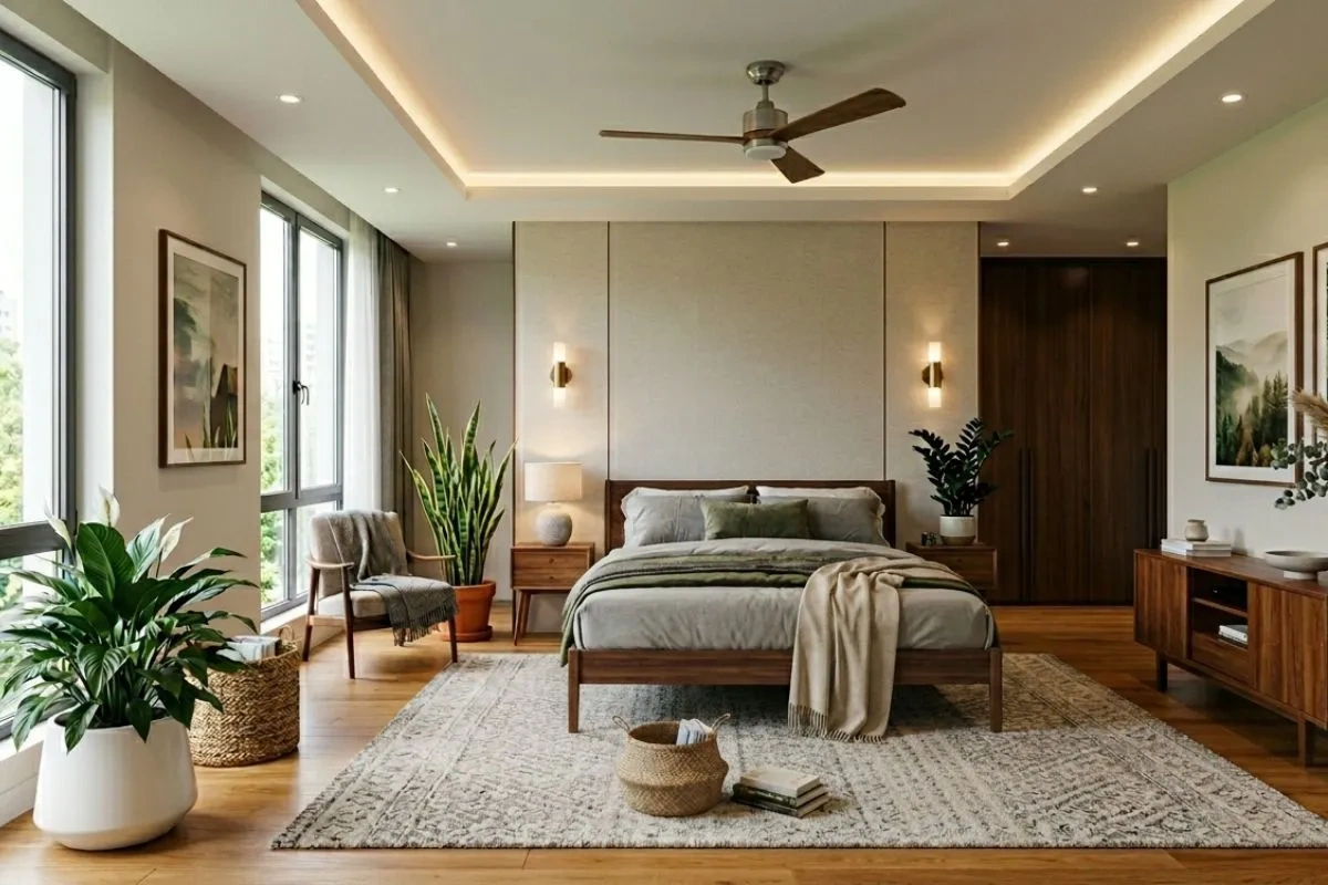 Large bedroom layout featuring various low maintenance indoor plants near a sunny window.