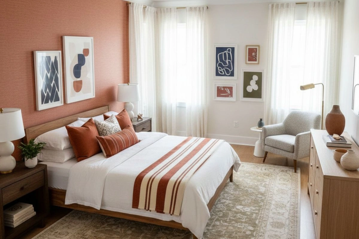 Stylish guest room colour combination with a warm terracotta accent wall and simple white curtains.