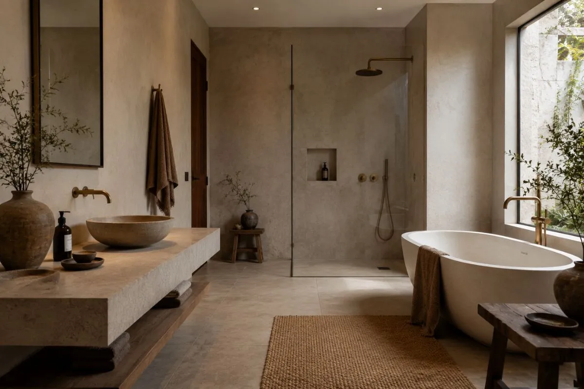Earthy Wabi-Sabi bathroom featuring stone sink counter, standalone tub, and glass shower.