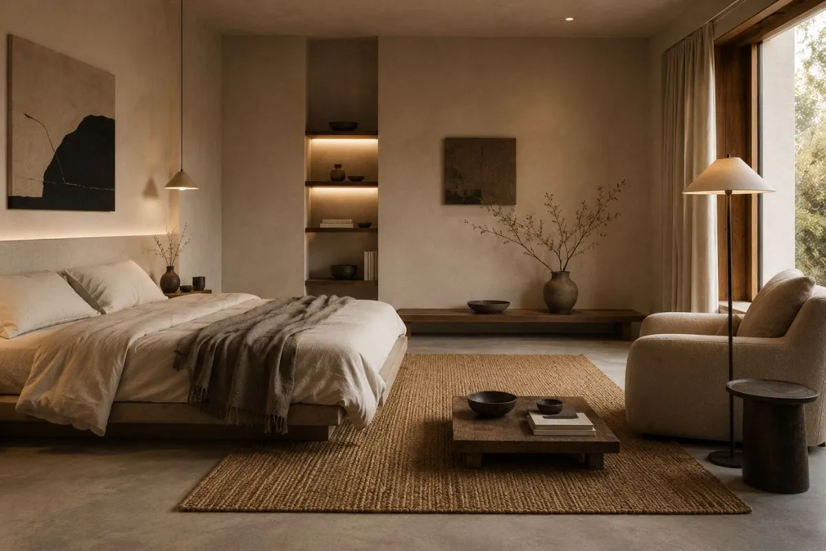 Minimalist Wabi-Sabi bedroom with neutral bed, woven rug, low wooden table, and soft lamp.