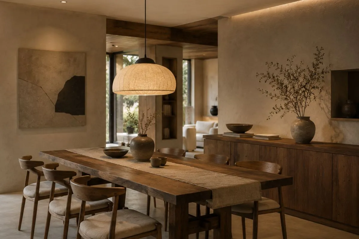 Rustic Wabi-Sabi dining room with long wooden table, chairs, ceramic vases, and paper lamp.