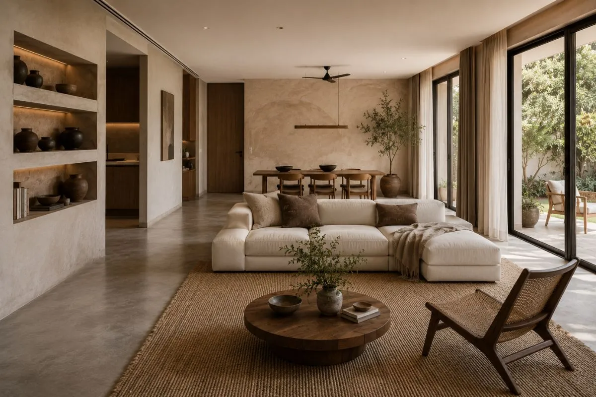 Modern Wabi-Sabi living space with white sectional couch, low round table, and wall alcoves.