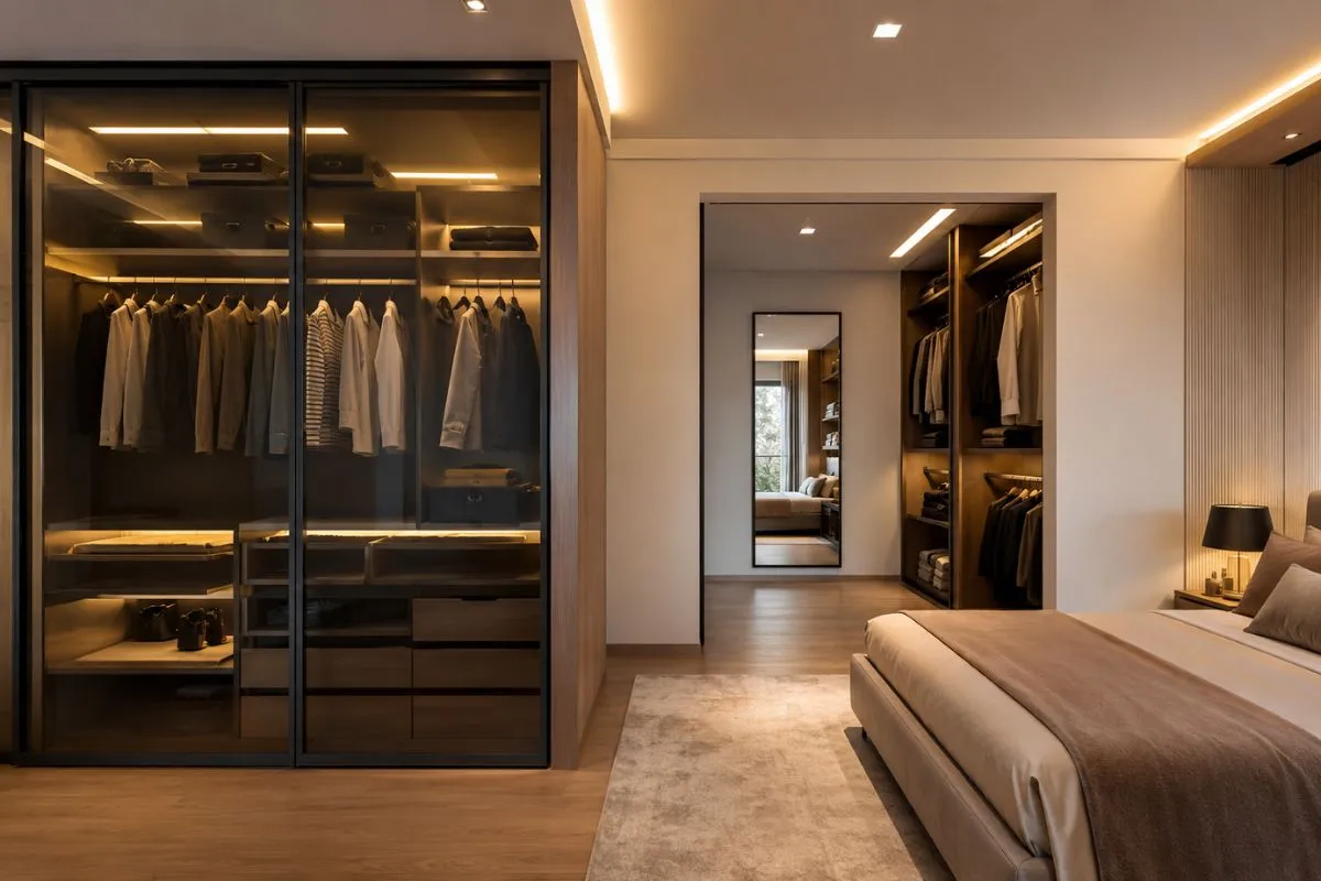 Modern bedroom with a glass walk-in wardrobe displaying organized clothes and warm lights.