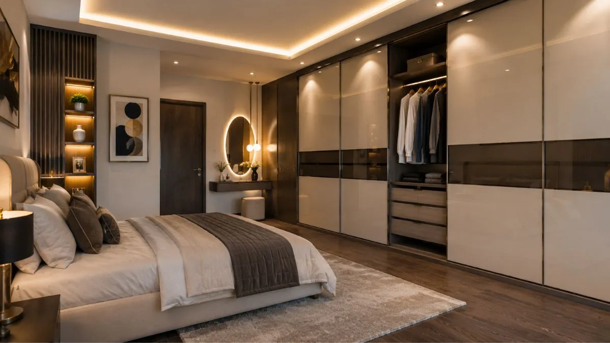 Spacious modern bedroom with a large built-in wardrobe, sliding doors, and a dressing area.