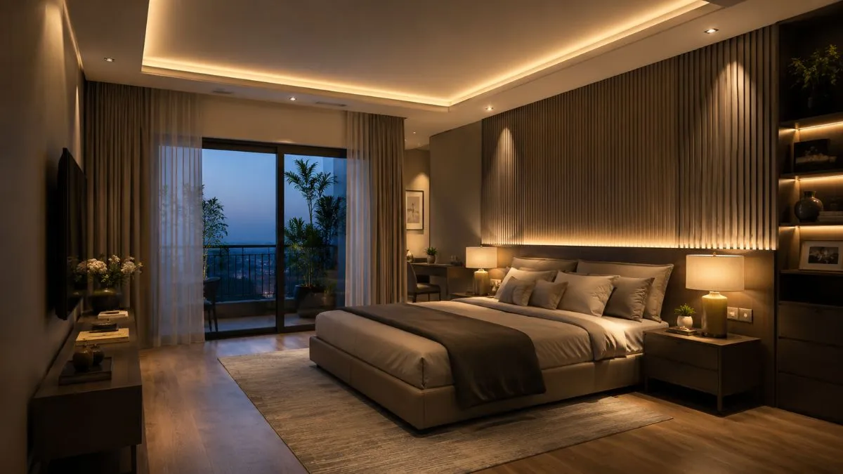 Cozy bedroom setup with warm ceiling cove lights, bedside lamps, and accent lighting.