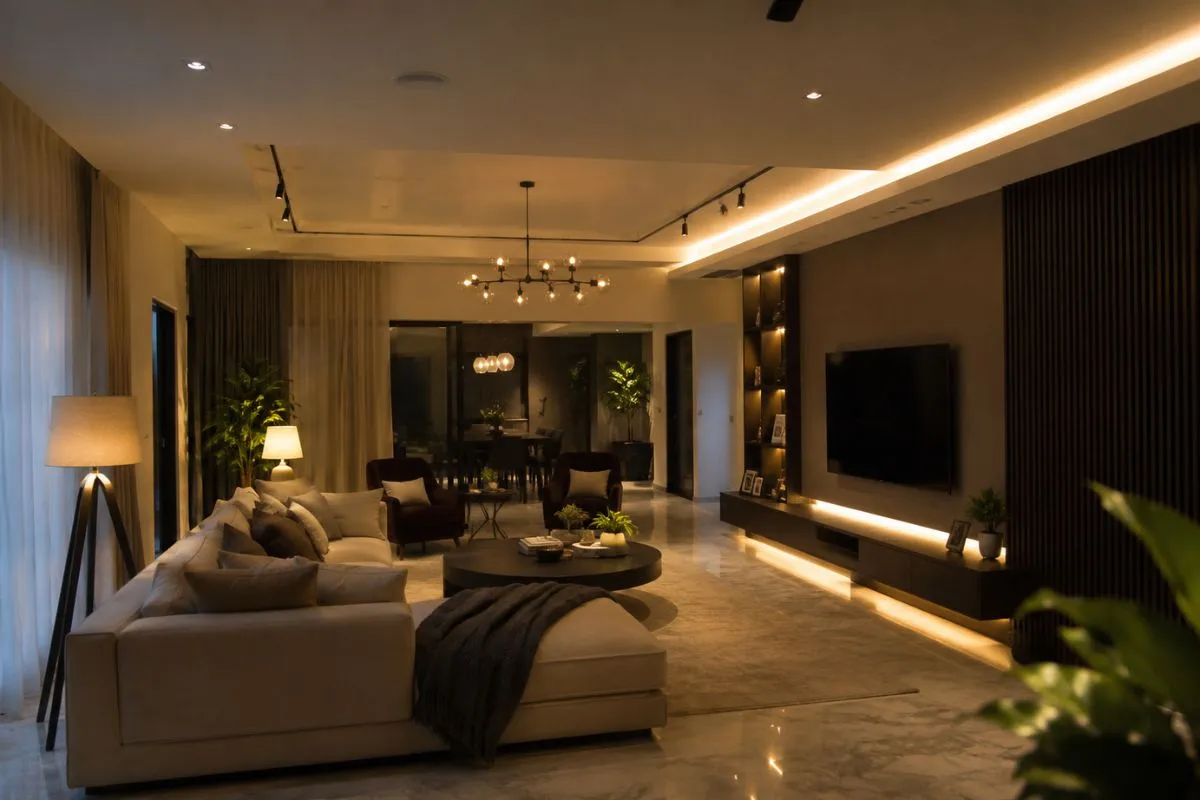 Modern living room featuring warm ceiling strip lights, floor lamp, and wall lights.