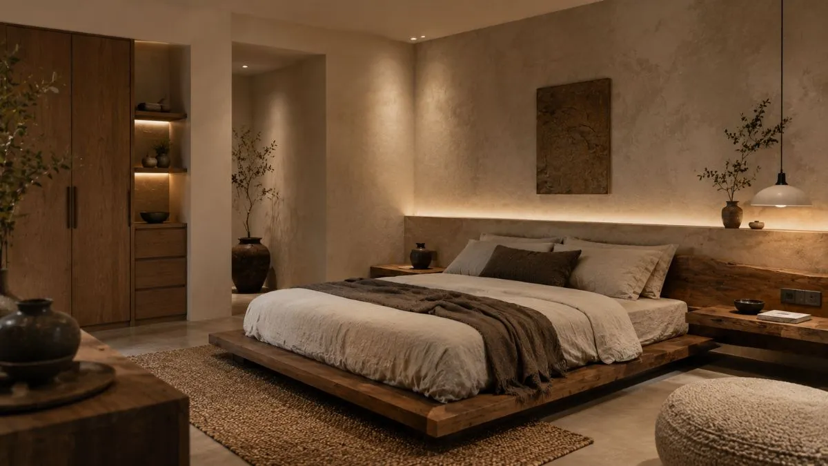 Wabi-Sabi bedroom with a low wood bed, rustic walls, warm LED lights, and dark vases.