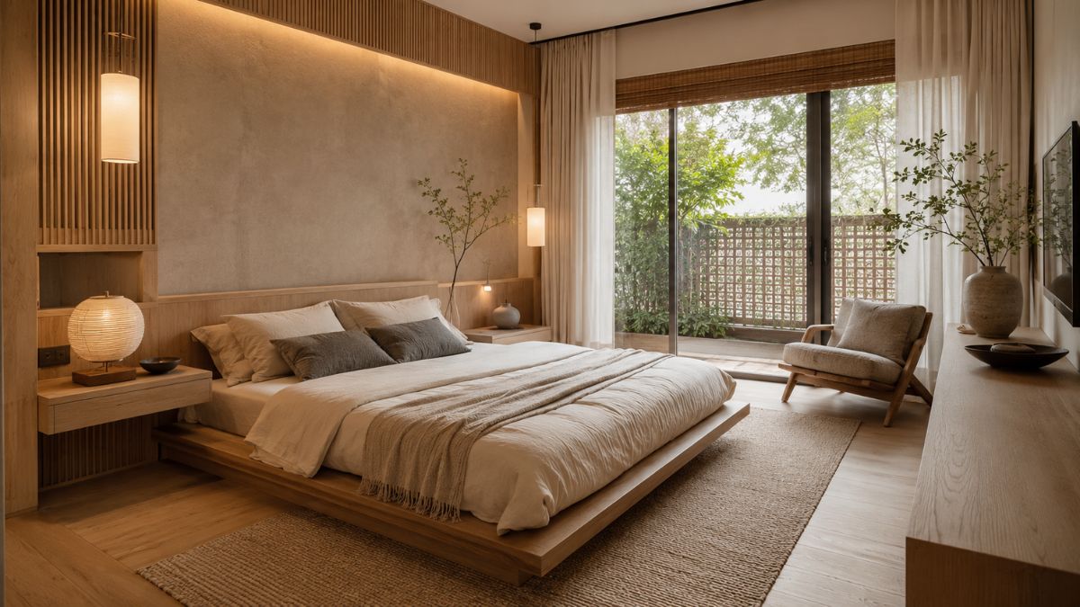Cozy Japandi bedroom with a low wooden bed, beige bedding, a small chair, and garden view.